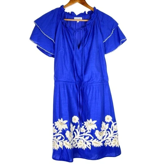 Olivia James Medium Mini Dress 100% Cotton Blue Western Boho Peasant Ruffle Bow - Picture 2 of 5